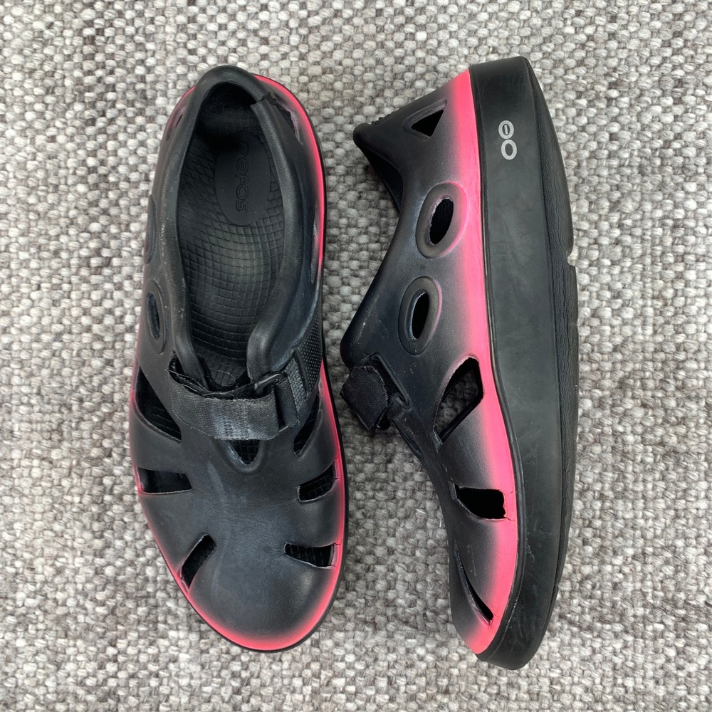 OOFOS OOcando Recovery Sandals Women 11 Men 9 Black Pink Ombre Hook Loop Strap